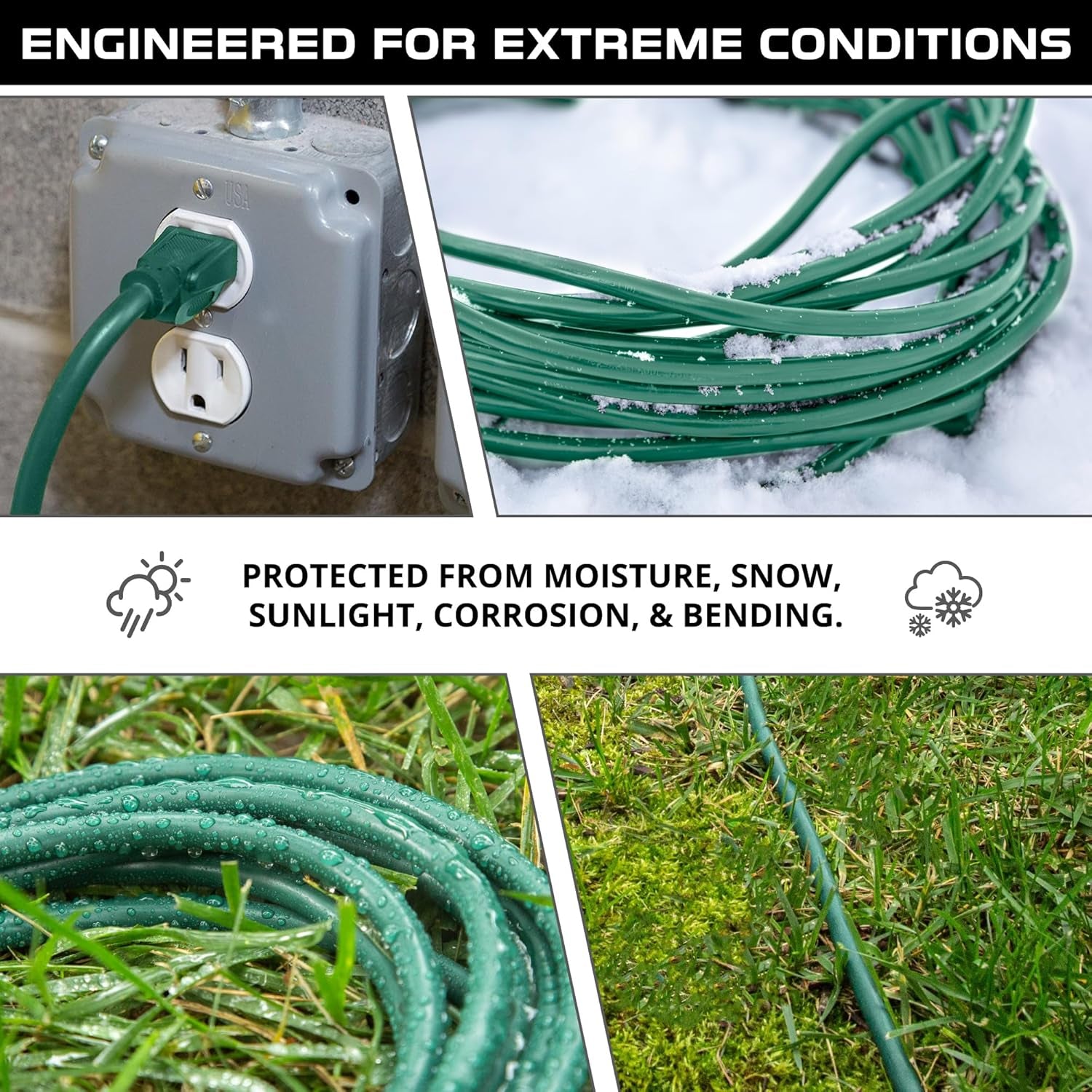 Green Outdoor Extension Cord 100 FT - 16/3 SJTW Weatherproof Extension Cord for outside with 3 Prong - 16 Gauge Foot Extension Cord. UL Listed, Great for Christmas Lights & Outside