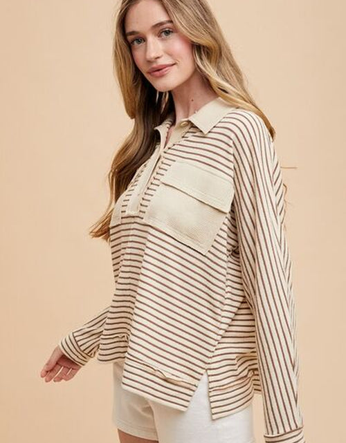 Load image into Gallery viewer, Annie Wear Striped Button Detail Long Sleeve Polo Top
