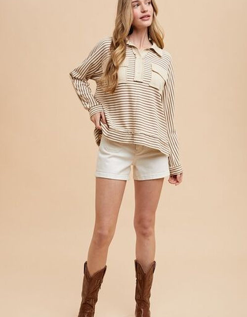 Load image into Gallery viewer, Annie Wear Striped Button Detail Long Sleeve Polo Top
