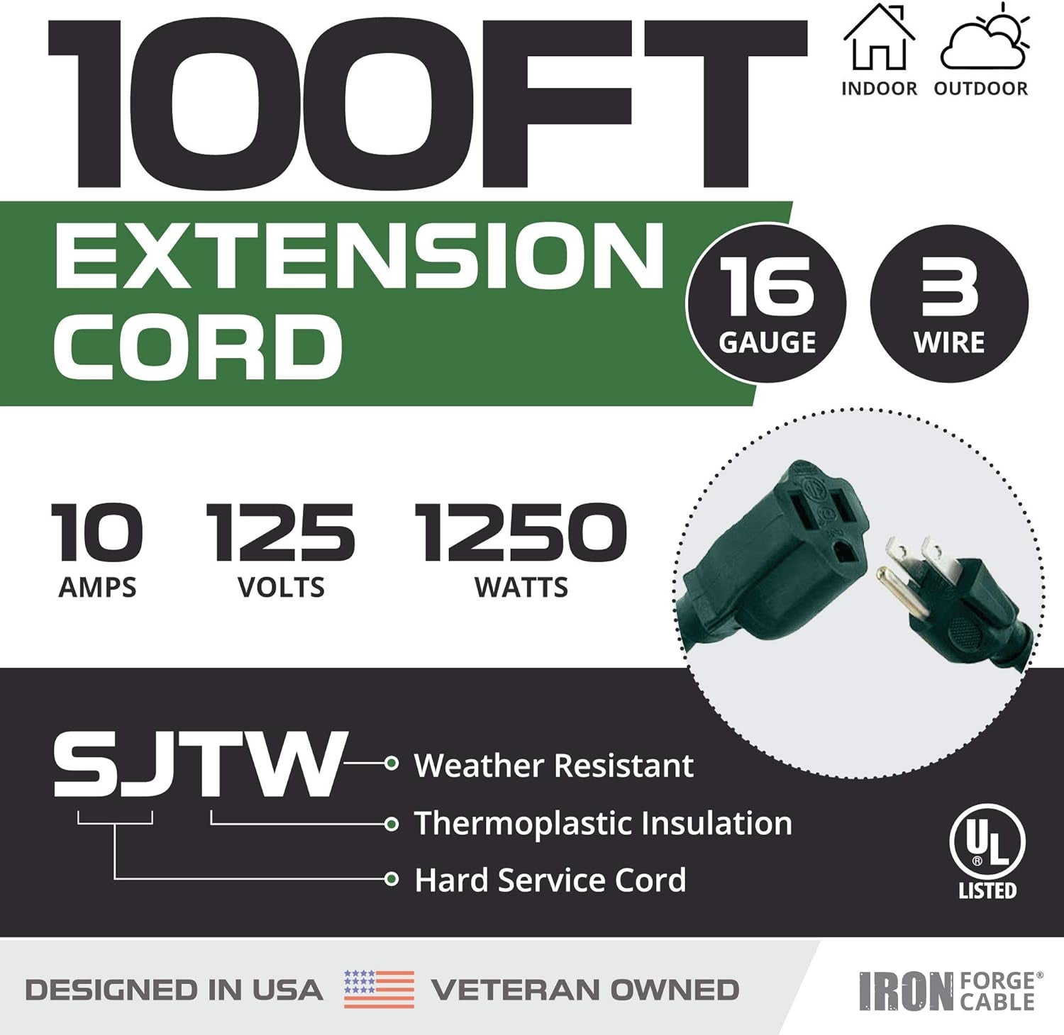 Green Outdoor Extension Cord 100 FT - 16/3 SJTW Weatherproof Extension Cord for outside with 3 Prong - 16 Gauge Foot Extension Cord. UL Listed, Great for Christmas Lights & Outside