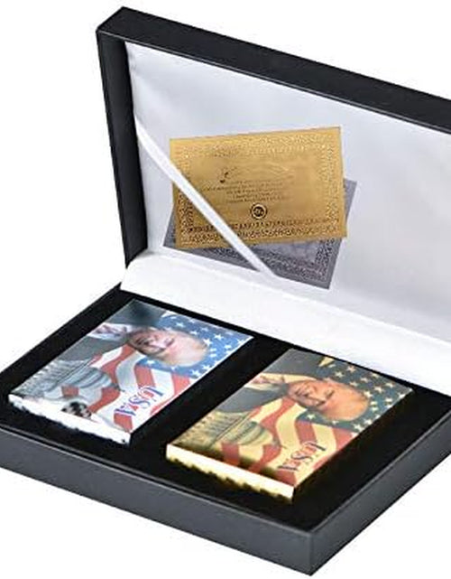 Load image into Gallery viewer, Donald Trump Playing Cards - Gold Plated Playing Cards Gold Plated Deck of Waterproof Poker Cards for Game for Table Games Good Gift for Friends, Men, Boyfriends (Gold&amp;Silver W/Box)
