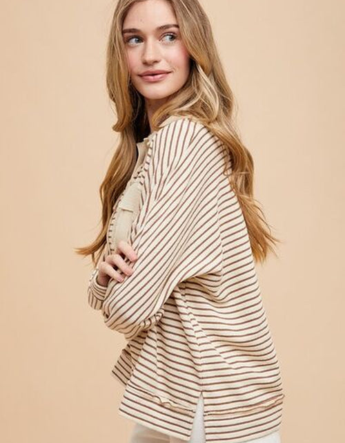 Load image into Gallery viewer, Annie Wear Striped Button Detail Long Sleeve Polo Top
